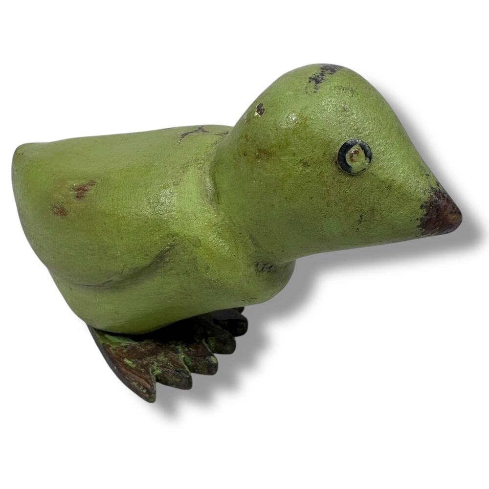 Vintage Rustic Hand Carved Wooden Bird Figurine Green Hand Painted Decor